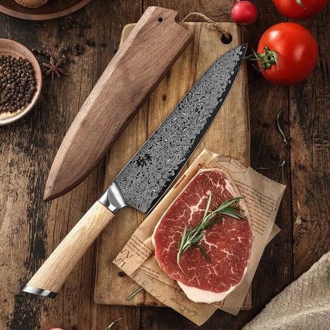 Damascus Steel Chef Knife Meat Vegetable Wooden Sheath