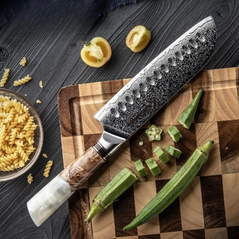 7 Inch Damascus Steel Santoku Knife White Jade Handle