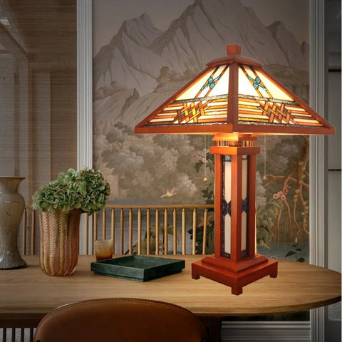 Chinese Style Stained Glass Wood Table Lamp For Bedroom