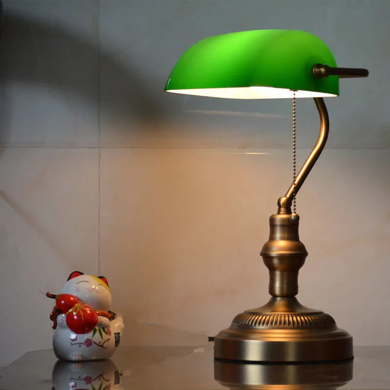 Retro Glass Shade Desk Lamp Iron Base Study Office