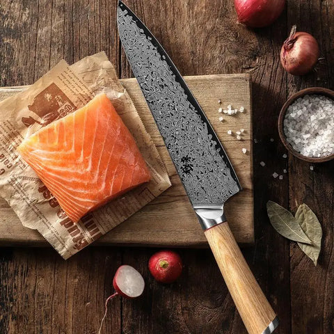 Damascus Steel Chef Knife Meat Vegetable Wooden Sheath