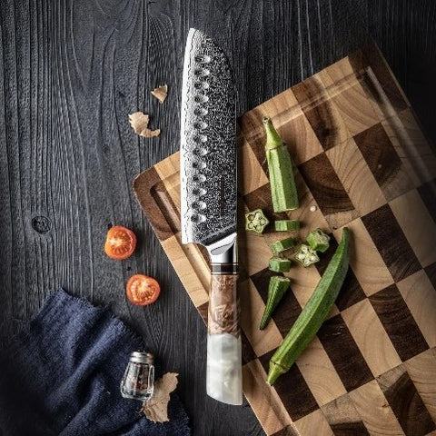 7 Inch Damascus Steel Santoku Knife White Jade Handle