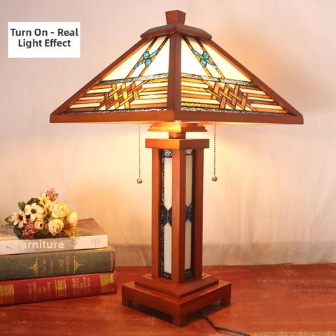 Chinese Style Stained Glass Wood Table Lamp For Bedroom