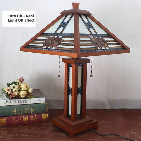 Chinese Style Stained Glass Wood Table Lamp For Bedroom