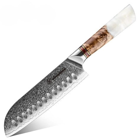 7 Inch Damascus Steel Santoku Knife White Jade Handle