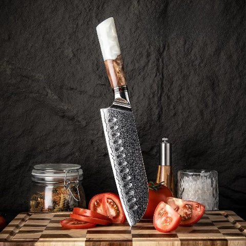 7 Inch Damascus Steel Santoku Knife White Jade Handle