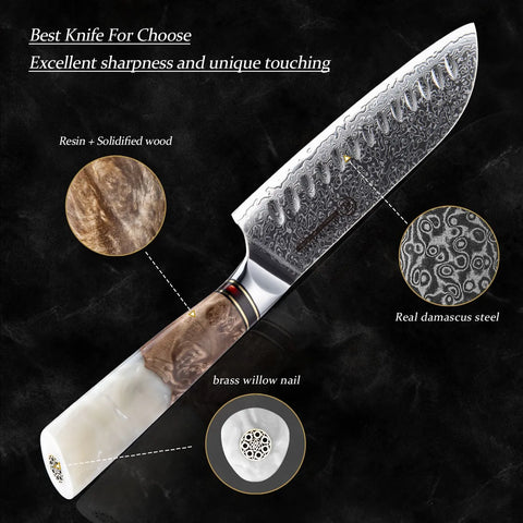 7 Inch Damascus Steel Santoku Knife White Jade Handle