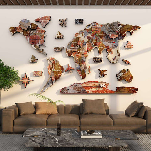 Retro 3D Wooden World Map Decor