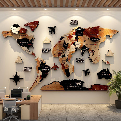 Retro 3D Wooden World Map Decor