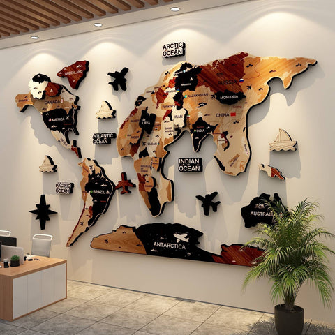 Retro 3D Wooden World Map Decor