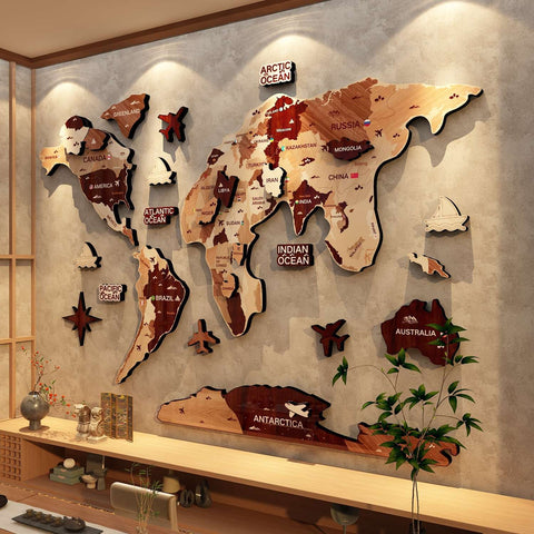 Retro 3D Wooden World Map Decor