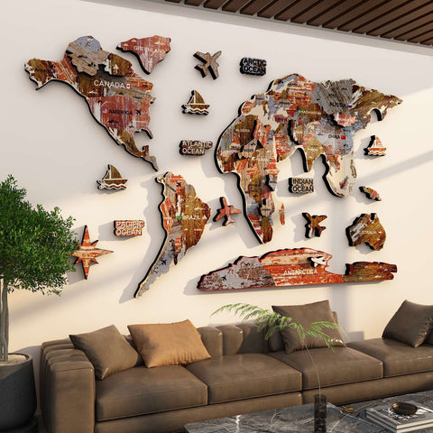Retro 3D Wooden World Map Decor