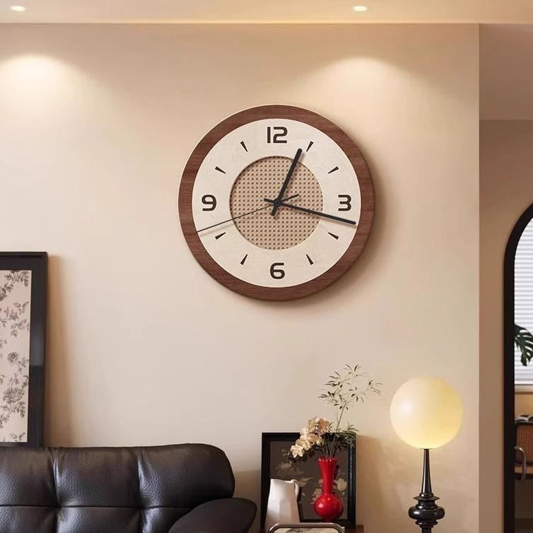 Wooden wall clock on a wall in a living room setting