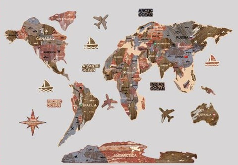 Retro 3D Wooden World Map Decor